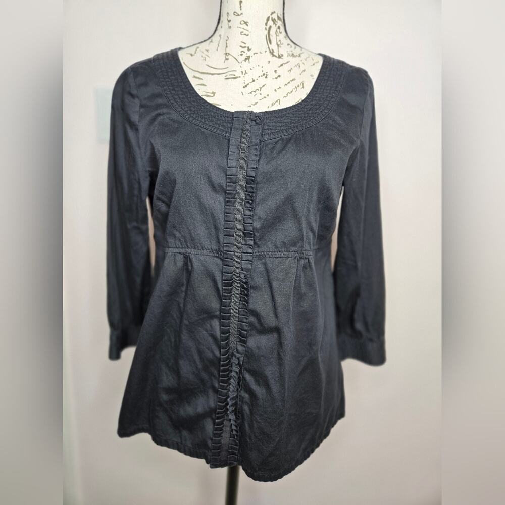 Old Navy Black Hidden Snap Closure Cotton Blouse 3/4 Sleeves Round Neck Size M